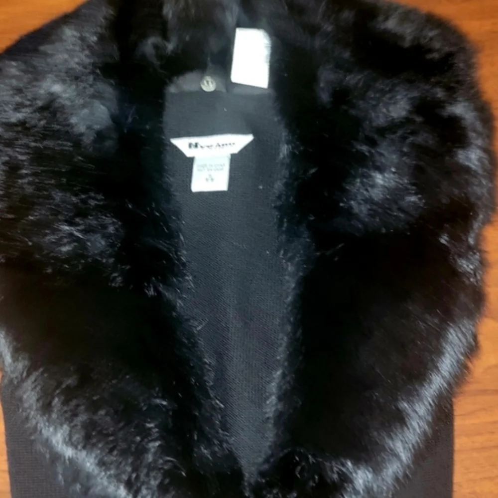 NWT Vintage NYgard Collection Black Cardigan Small Genuine Rabbit Fur Collar